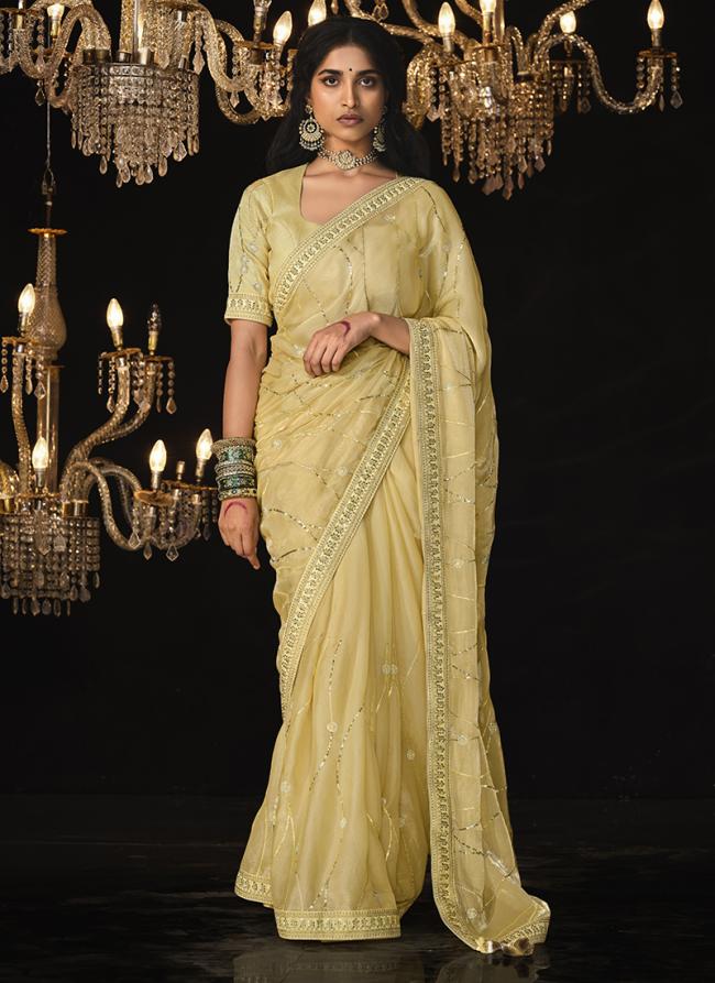 Glass Tissue Bright Yellow Party Wear Embroidery Work Saree